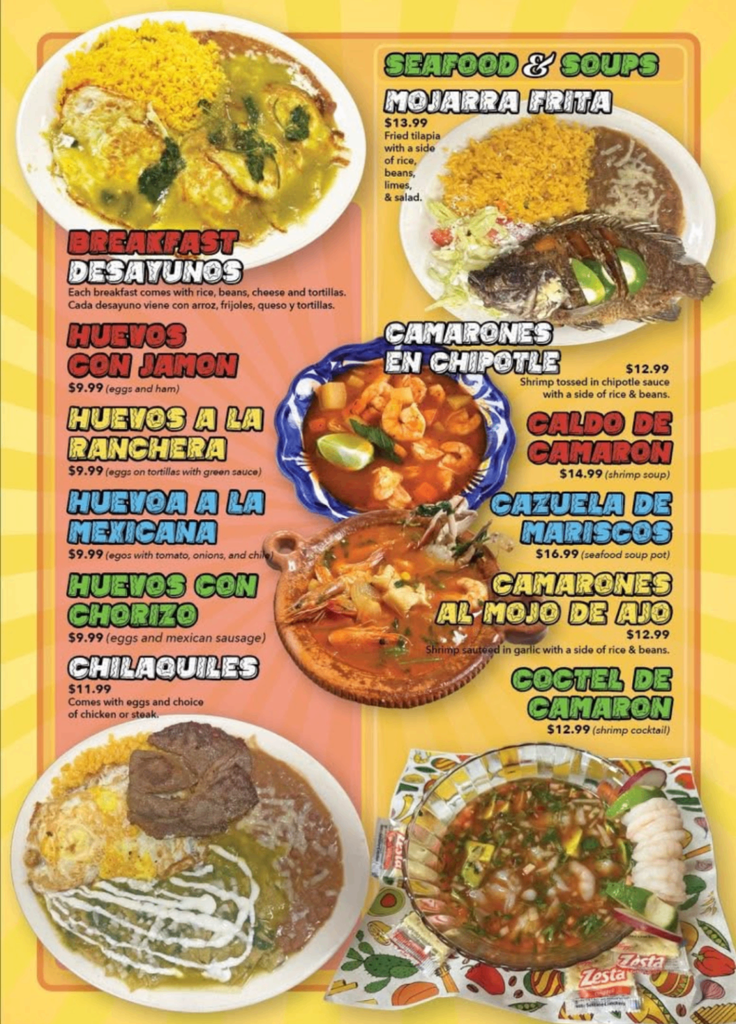 Mi Pueblo breakfast and seafood menu page