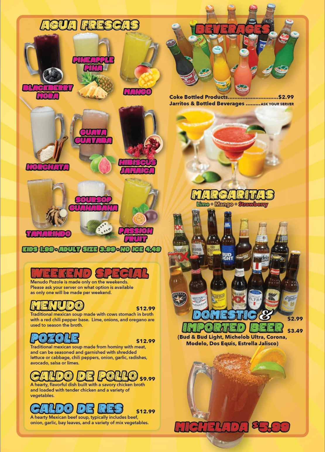 Mi Pueblo beverages and aguas frescas menu page